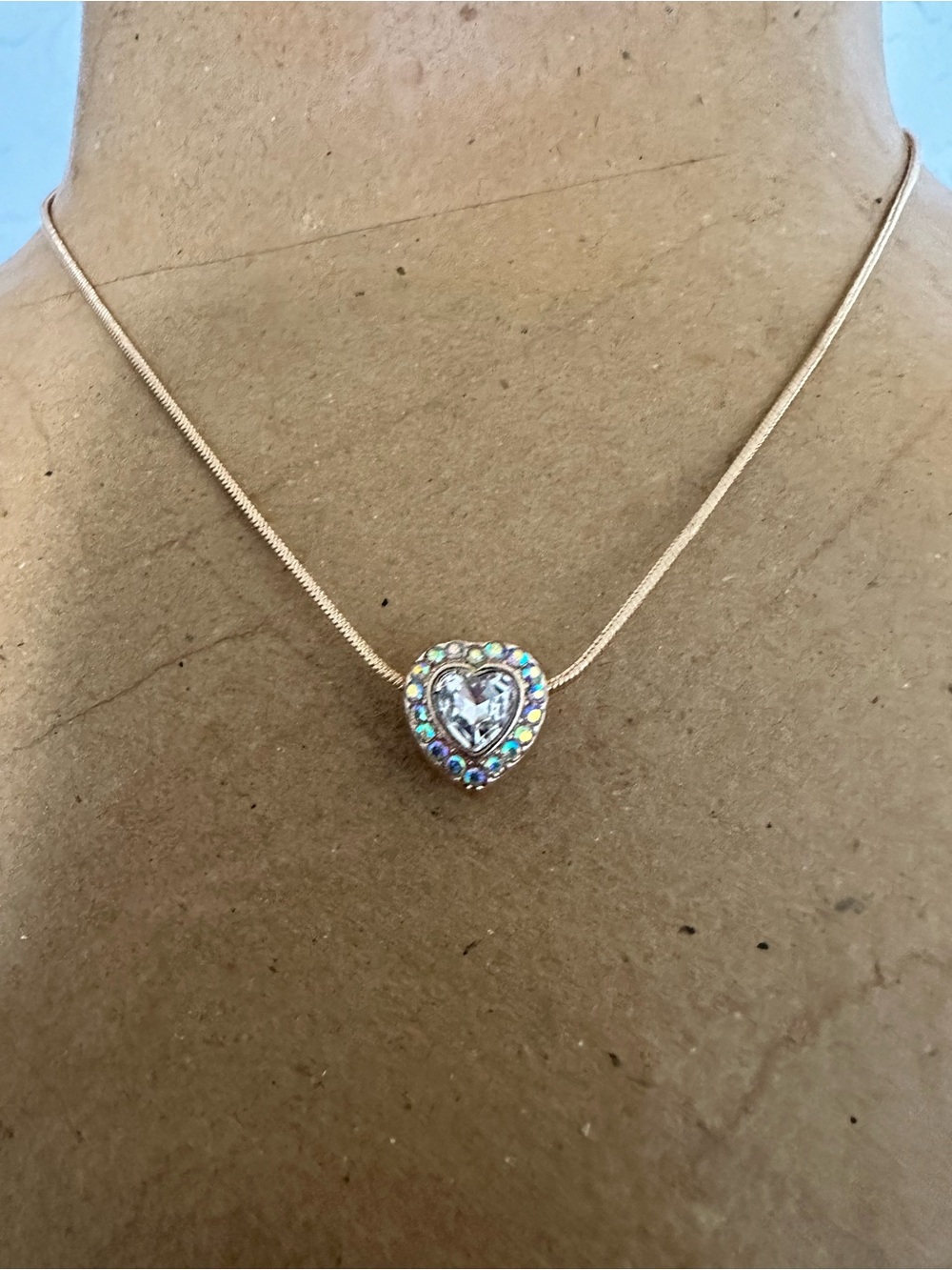 Heart Pendant Necklace with Iridescent Stones -  Gold